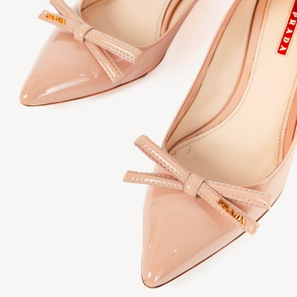 Prada Blush Vernice Bow Pointed-Toe Wedges - Picture 6 of 9